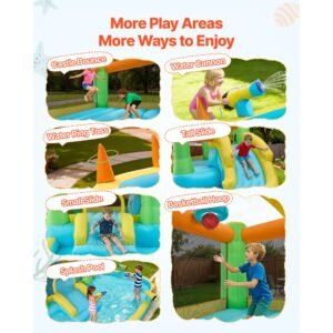 inflatable bounce house, 12.5 x 13.1 x 6.5 ft inflatable bounce house water slide, bouncer castle with castle bounces, basketball hoop, splash pool & water ring toss, for 3 to 4 kids ages 3 to 8