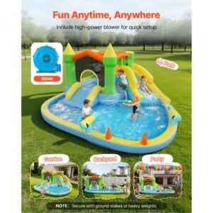 inflatable bounce house, 12.5 x 13.1 x 6.5 ft inflatable bounce house water slide, bouncer castle with castle bounces, basketball hoop, splash pool & water ring toss, for 3 to 4 kids ages 3 to 8