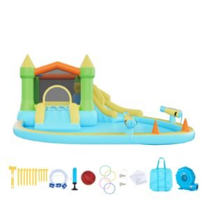 Inflatable Bounce House, 12.5 x 13.1 x 6.5 ft Inflatable Bounce House Water Slide, Bouncer Castle with Castle Bounces, Basketball Hoop, Splash Pool & Water Ring Toss, for 3 to 4 Kids Ages 3 to 8