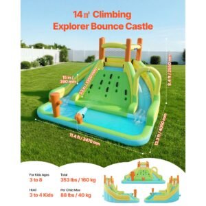 inflatable bounce house, 13.3 x 11.4 x 8.4 ft inflatable bounce house water slide, bouncer castle with climbing wall, double tall slides, splash pool & mini soccer, for 3 to 4 kids ages 3 to 8