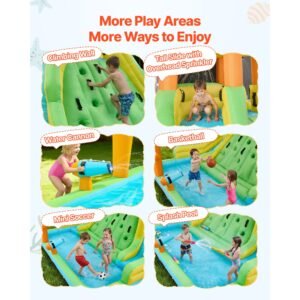 inflatable bounce house, 13.3 x 11.4 x 8.4 ft inflatable bounce house water slide, bouncer castle with climbing wall, double tall slides, splash pool & mini soccer, for 3 to 4 kids ages 3 to 8