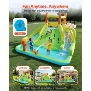 inflatable bounce house, 13.3 x 11.4 x 8.4 ft inflatable bounce house water slide, bouncer castle with climbing wall, double tall slides, splash pool & mini soccer, for 3 to 4 kids ages 3 to 8