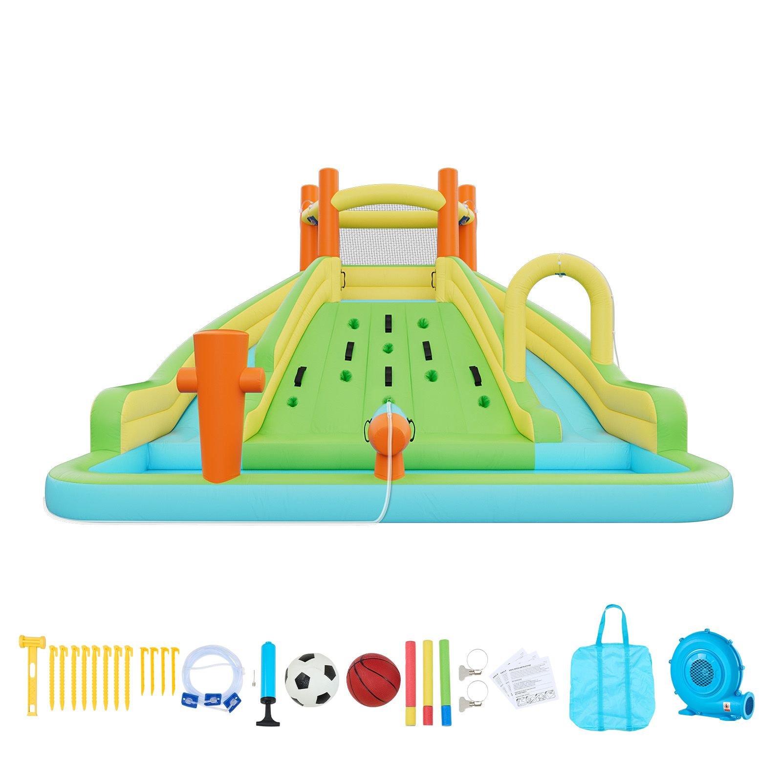 inflatable bounce house, 13.3 x 11.4 x 8.4 ft inflatable bounce house water slide, bouncer castle with climbing wall, double tall slides, splash pool & mini soccer, for 3 to 4 kids ages 3 to 8