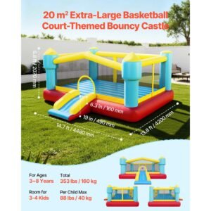 inflatable bounce house, 14.7 x 13.8 x 6.8 ft jumping bouncy castle, inflatable jumper for kids with slide, basketball hoop, target game & jumping area, jumpings house holds 3 4 kids (ages 3 8)