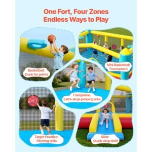 inflatable bounce house, 14.7 x 13.8 x 6.8 ft jumping bouncy castle, inflatable jumper for kids with slide, basketball hoop, target game & jumping area, jumpings house holds 3 4 kids (ages 3 8)