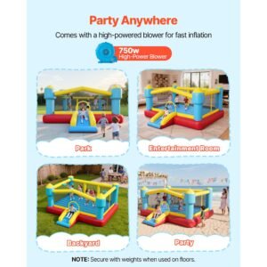 inflatable bounce house, 14.7 x 13.8 x 6.8 ft jumping bouncy castle, inflatable jumper for kids with slide, basketball hoop, target game & jumping area, jumpings house holds 3 4 kids (ages 3 8)