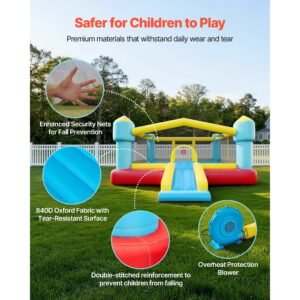inflatable bounce house, 14.7 x 13.8 x 6.8 ft jumping bouncy castle, inflatable jumper for kids with slide, basketball hoop, target game & jumping area, jumpings house holds 3 4 kids (ages 3 8)
