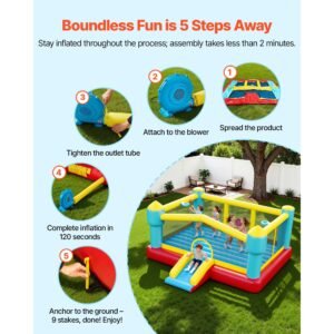 inflatable bounce house, 14.7 x 13.8 x 6.8 ft jumping bouncy castle, inflatable jumper for kids with slide, basketball hoop, target game & jumping area, jumpings house holds 3 4 kids (ages 3 8)