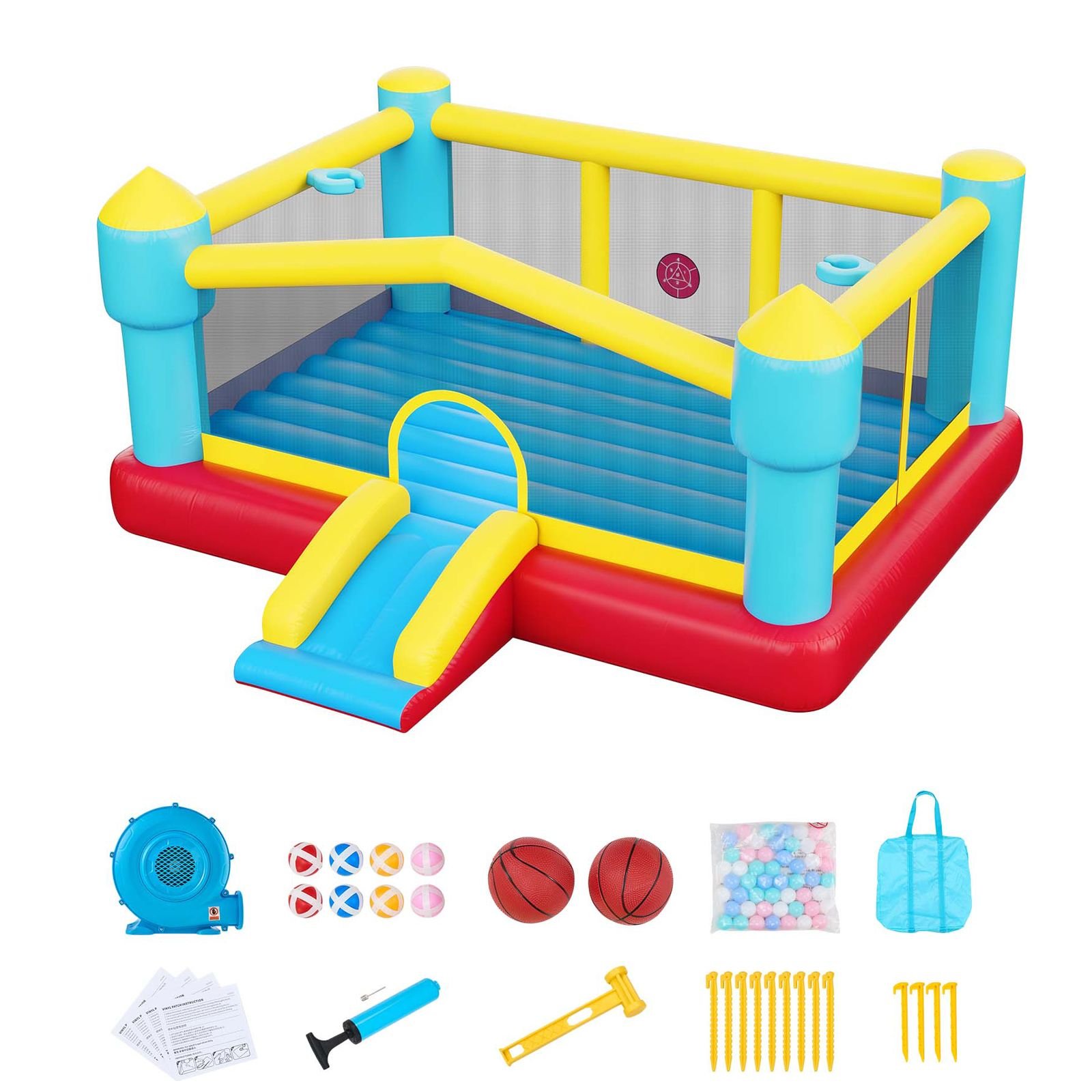 inflatable bounce house, 14.7 x 13.8 x 6.8 ft jumping bouncy castle, inflatable jumper for kids with slide, basketball hoop, target game & jumping area, jumpings house holds 3 4 kids (ages 3 8)