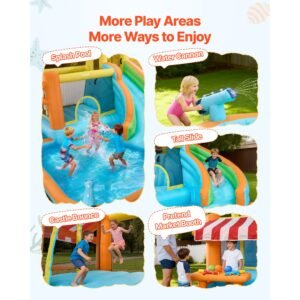 inflatable bounce house, 14.9 x 12.8 x 7.8 ft inflatable bounce house water slide, bouncer castle with castle bounces, tall slide, splash pool & pretend market booth, for 3 to 4 kids ages 3 to 8