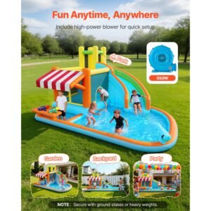 inflatable bounce house, 14.9 x 12.8 x 7.8 ft inflatable bounce house water slide, bouncer castle with castle bounces, tall slide, splash pool & pretend market booth, for 3 to 4 kids ages 3 to 8