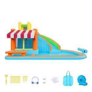 Inflatable Bounce House, 14.9 x 12.8 x 7.8 ft Inflatable Bounce House Water Slide, Bouncer Castle with Castle Bounces, Tall Slide, Splash Pool & Pretend Market Booth, for 3 to 4 Kids Ages 3 to 8