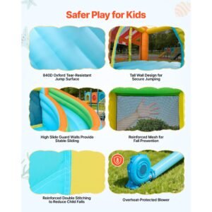 inflatable bounce house, 14.9 x 12.8 x 7.8 ft inflatable bounce house water slide, bouncer castle with castle bounces, tall slide, splash pool & pretend market booth, for 3 to 4 kids ages 3 to 8