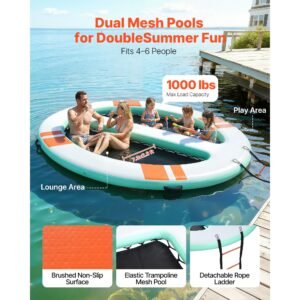 inflatable floating dock, 10x8 ft round inflatable dock platform, non slip water air mat with portable carrying bag & detachable ladder, floating water platform island raft for pool beach ocean