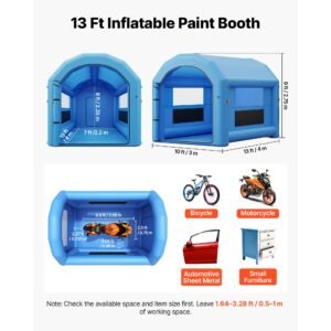 inflatable paint booth, 13 x 10 x 9 ft, portable spray booth with 750w powerful blower and large filter cotton, arched roof blow up painting tent for bike, motorcycle, and furniture, blue