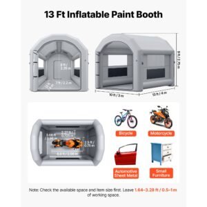 inflatable paint booth, 13 x 10 x 9 ft, portable spray booth with 750w powerful blower and large filter cotton, arched roof blow up painting tent for bike, motorcycle, and furniture, gray