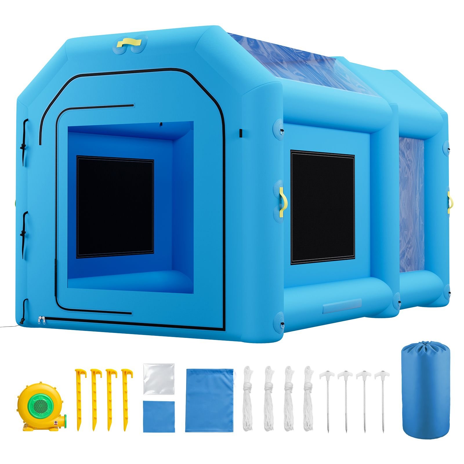 inflatable paint booth, 13.1 x 8.2 x 8.2 ft, portable spray booth with 750w powerful blower and large filter cotton, blow up painting tent for bike, motorcycle, and small furniture, blue