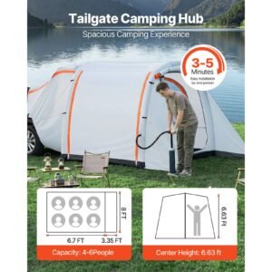 inflatable suv tent with awning, 8 x 6.7 ft 3 season suv tailgate tent with ventilated doors & mesh window, pu2000mm waterproof car rear hatch tents for outdoor camping air pump included
