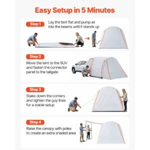 inflatable suv tent with awning, 8 x 6.7 ft 3 season suv tailgate tent with ventilated doors & mesh window, pu2000mm waterproof car rear hatch tents for outdoor camping air pump included