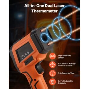 infrared thermometer, 22 f to 2912 f dual mode ir thermometer gun with k type thermocouple, dual laser heat temperature gun non contact for metal smelting/engine/industry/cooking (not for human)