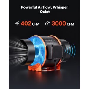 inline duct fan, 402 cfm 6 inch ec motor ventilation fan with 3 speed circulation, 10 speed pwm controller, timer controlled operation, cooling for grow tents, indoor gardening, hydroponics