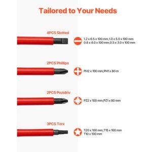 insulated screwdriver set, 13 piece professional electrical screwdriver set, 1000v insulated electrician tool set, with magnetic phillips slotted pozi torx tips, screwdrivers, for electricians