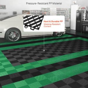 interlocking drainage mat, 12' x 12' modular interlocking cushion, 55 pcs splicing drainage mats, non slip black pp drainage floor tile and shower mat, for garage, garden, kitchen & outdoor