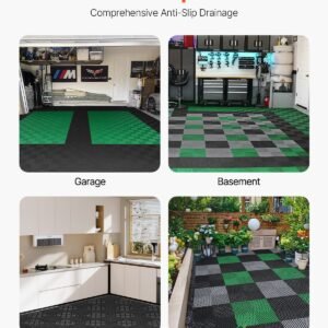 interlocking drainage mat, 12' x 12' modular interlocking cushion, 55 pcs splicing drainage mats, non slip black pp drainage floor tile and shower mat, for garage, garden, kitchen & outdoor