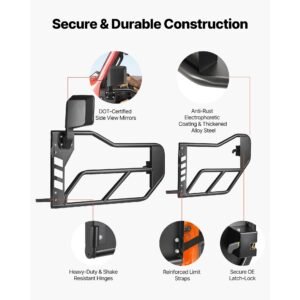 jeep tube doors, 4 door, compatible with 2007 2018 jeep wrangler jk jku unlimited, steel off road front & rear tubular half doors with dot certified side view mirrors, storage bag & rubber pads
