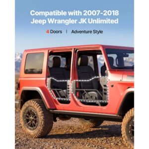 jeep tube doors, 4 door, compatible with 2007 2018 jeep wrangler jk unlimited, alloy steel off road front & rear tubular half doors with storage bag, rubber pads, heavy duty hinges and oe latch