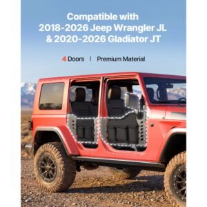 jeep tube doors, 4 door, compatible with 2018 2026 jeep wrangler jl & 2020 2026 gladiator jt, steel off road front & rear tubular half doors with dot certified side view mirrors and storage bag