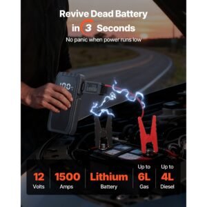 jump starter, 1500a peak, car jumper starter battery pack, 12v portable lithium battery booster, jump box power bank with 3 modes flashlight and jumper cable, for up to 6l gas/4l diesel engines