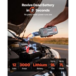 jump starter, 3000a peak, car jumper starter battery pack, 12v portable lithium battery booster, jump box power bank with 3 modes flashlight and jumper cable, for up to 9l gas/7l diesel engines