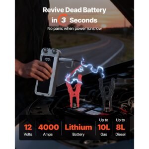 jump starter, 4000a peak, car jumper starter battery pack, 12v portable lithium battery booster, jump box power bank with 3 modes flashlight and jumper cable, for 10l gas and 8l diesel engines