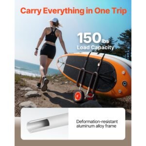 kayak cart, 150 lbs load capacity, stand up paddle board trolley with 10 inch solid rubber tires & kickstands, paddle board carrier with ratchet strap for paddleboard & surfboard transport
