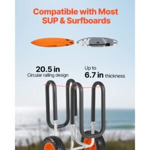 kayak cart, 150 lbs load capacity, stand up paddle board trolley with 10 inch solid rubber tires & kickstands, paddle board carrier with ratchet strap for paddleboard & surfboard transport