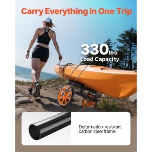 Kayak Cart, 330 lbs Load Capacity, Canoe Cart Dolly with 15-inch Solid Rubber Tires & Kickstand, Assembles & Disassembles Within Seconds, Paddle Board Trolley for Kayaks, Canoes, Paddleboards