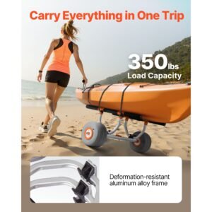 kayak cart, 350 lbs load capacity, kayak trolley with 12 inch inflatable pu tires & 2 straps, assembles & disassembles within seconds, paddle board trolley for carrying kayaks and canoes
