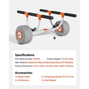kayak cart, 350 lbs load capacity, kayak trolley with 12 inch inflatable pu tires & 2 straps, assembles & disassembles within seconds, paddle board trolley for carrying kayaks and canoes