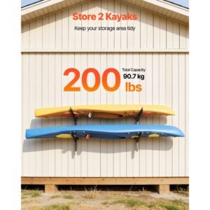 kayak storage rack for 2 kayaks, holds 200 lbs, heavy duty adjustable wall mount stand for indoor outdoor garage shed dock, storage holder for canoe, small boat, sup, surfboard & paddleboard