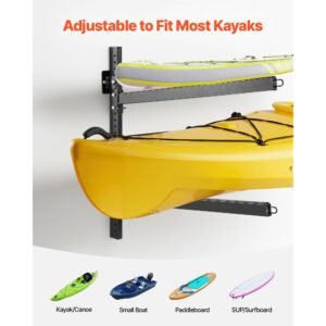 kayak storage rack for 2 kayaks, holds 200 lbs, heavy duty adjustable wall mount stand for indoor outdoor garage shed dock, storage holder for canoe, small boat, sup, surfboard & paddleboard