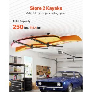 kayak storage rack for 2 kayaks, holds up to 250 lbs, heavy duty adjustable ceiling rack for garage ceiling mount, overhead garage storage hanger for canoe, ladder, sup, surfboard & paddleboard