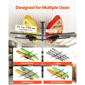 kayak storage rack for 2 kayaks, holds up to 250 lbs, heavy duty adjustable ceiling rack for garage ceiling mount, overhead garage storage hanger for canoe, ladder, sup, surfboard & paddleboard