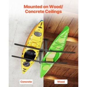kayak storage rack for 2 kayaks, holds up to 250 lbs, heavy duty adjustable ceiling rack for garage ceiling mount, overhead garage storage hanger for canoe, ladder, sup, surfboard & paddleboard