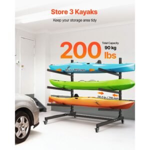 kayak storage rack for 3 kayaks, holds 200 lbs, heavy duty adjustable freestanding stand with lockable wheels for indoor outdoor garage shed dock, holder for canoe, sup, surfboard & paddleboard