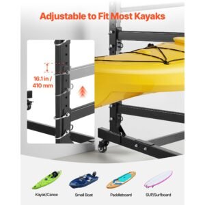 kayak storage rack for 3 kayaks, holds 200 lbs, heavy duty adjustable freestanding stand with lockable wheels for indoor outdoor garage shed dock, holder for canoe, sup, surfboard & paddleboard