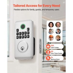keyless entry door lock, electronic deadbolt with customizable user codes, pioneering easy grip design, keyed entry, auto lock, anti peeking password, backlit keypad, for home, apartment, silver