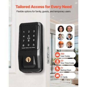 keyless entry door lock, touchpad electronic deadbolt with ic card, customizable user codes, keyed entry, auto lock, anti peeking password, backlit, easy installation, for home, matte black