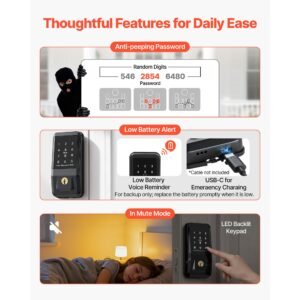keyless entry door lock, touchpad electronic deadbolt with ic card, customizable user codes, keyed entry, auto lock, anti peeking password, backlit, easy installation, for home, matte black