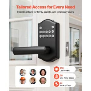 keyless entry door lock with handle, electronic lever door handle with keypad, customizable user codes, keyed entry, auto lock, anti peeking password, backlit keypad, for home, matte black